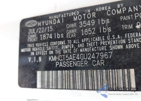 2016 Hyundai Accent Se z USA, uszkodzony, nr VIN KMHCT5AE4GU247967